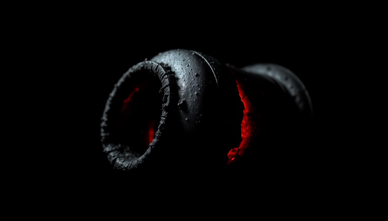 An extreme close-up photograph of a severely charred industrial component, lit by a harsh, direct camera flash against a pitch-black background, conveying a stark, gritty, investigative aesthetic without any text or identifiable elements.