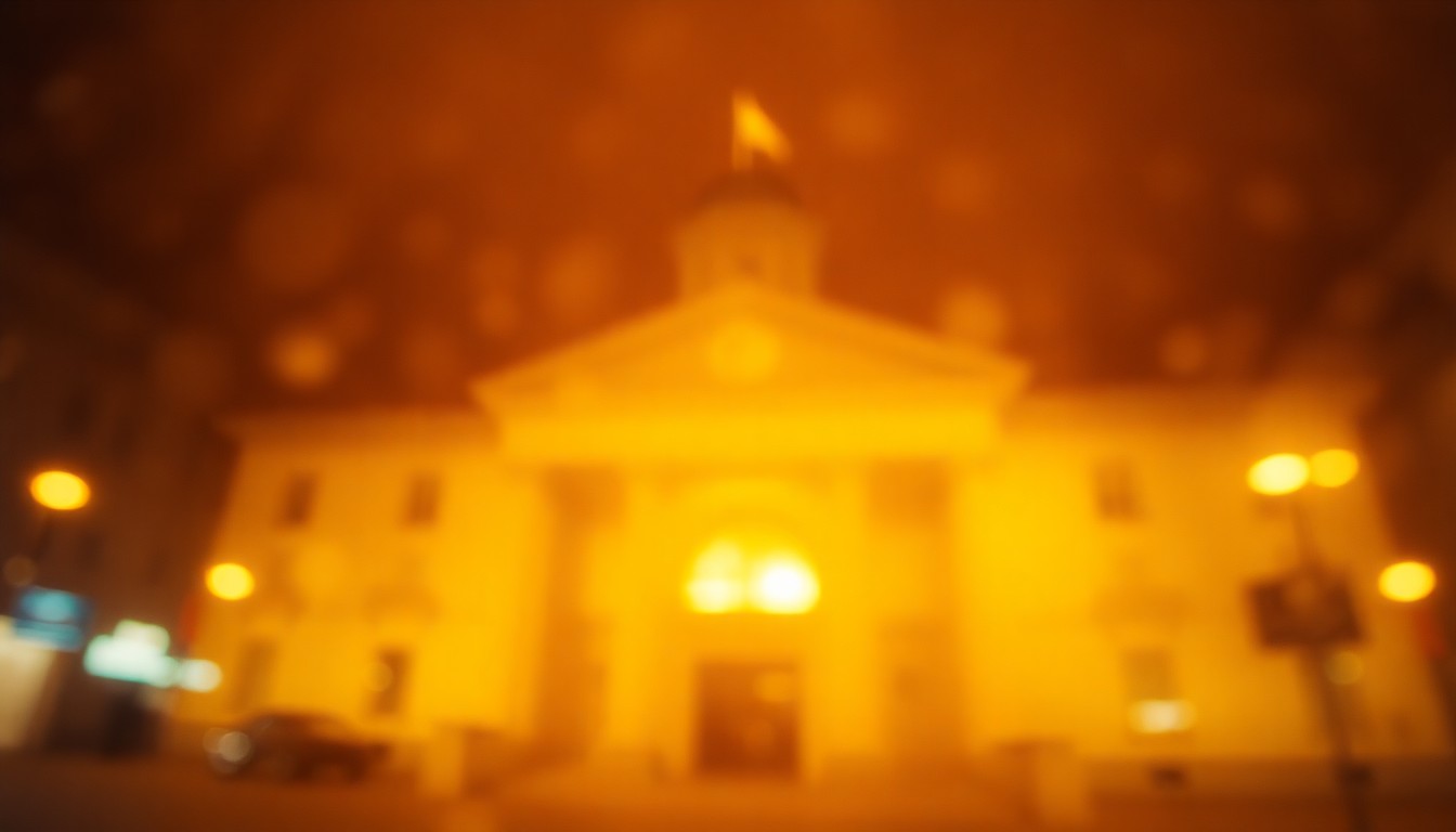 An abstract, out-of-focus photograph in warm tones depicting the blurred outline of a city hall building, conveying a sense of transition and change.