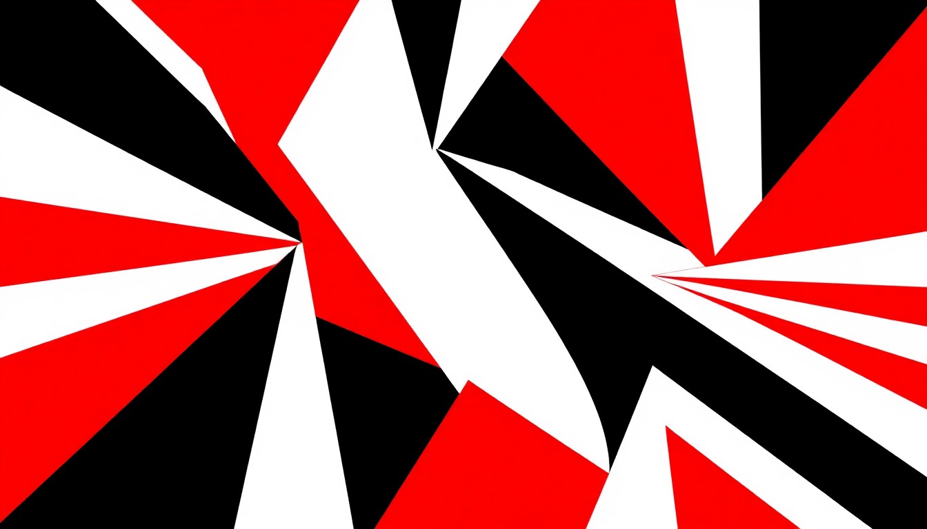 An abstract, minimalist illustration featuring bold, jagged shapes in red, white, and black, conceptually representing the holiday setting and romantic storyline of the new Netflix Christmas movie.