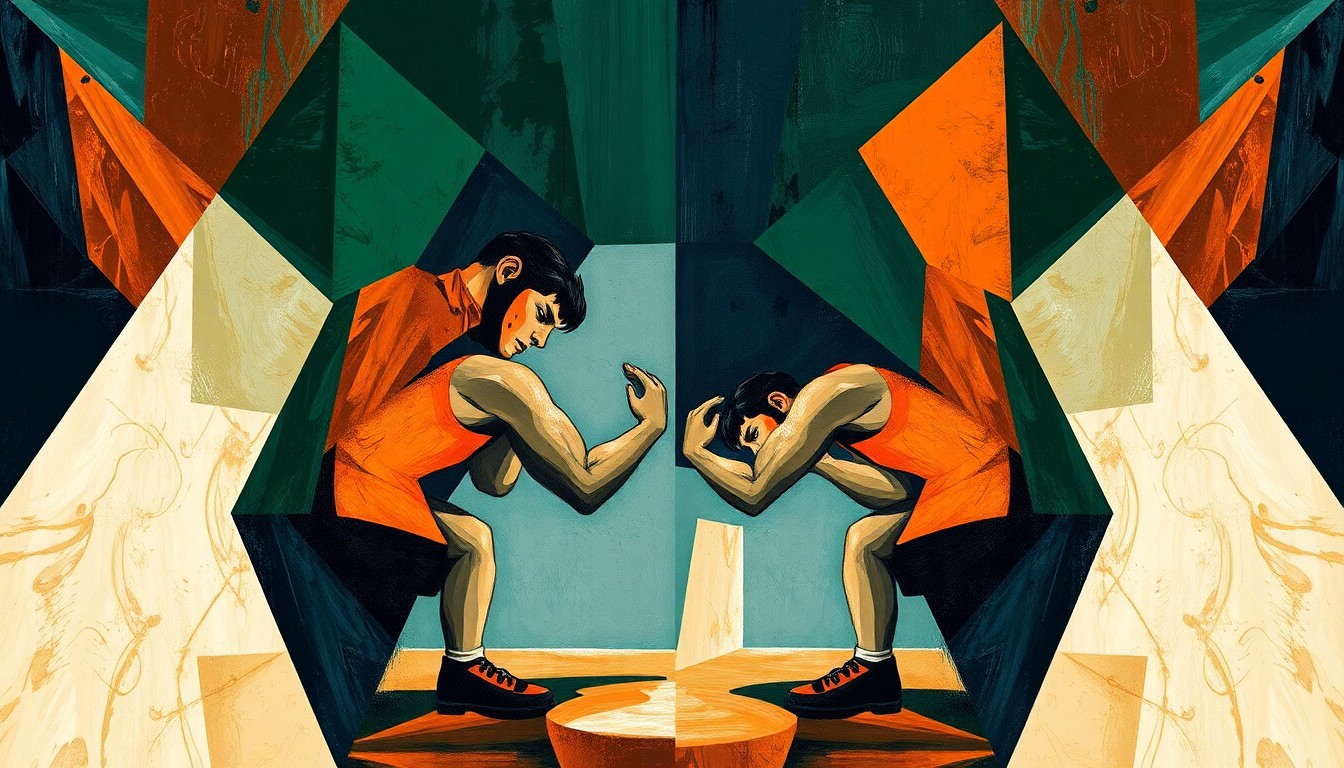 A cubist, geometric painting depicting a high school wrestling match, with sharp planes of green, blue, and orange overlapping to create a dynamic, fragmented visual representation of the sport.