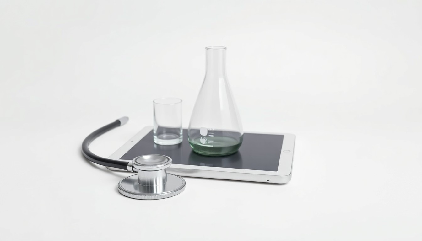 A photorealistic studio still life featuring a stethoscope, beaker, and tablet device arranged on a clean white background, conceptually representing the transition in healthcare leadership.