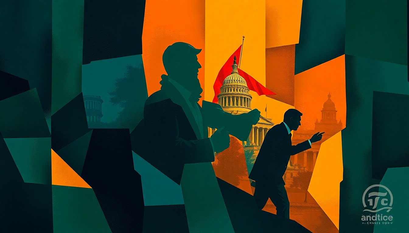 A fractured, geometric painting of a moving subject related to politics, repeated in overlapping waves of dark blue, forest green, and burnt orange, conveying a sense of political turmoil and uncertainty.