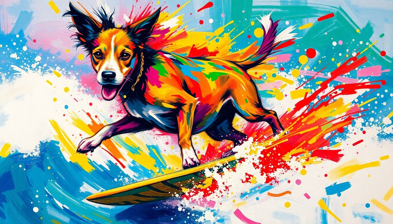 An abstract, expressionist painting in neon colors depicting the dynamic motion of a surfing dog riding a wave, with the dog's form dissolved into unrecognizable brushstrokes.