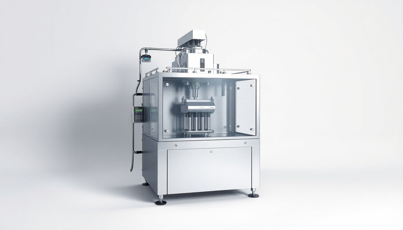 A photorealistic studio still life of a sleek, modern multihead weigher made of polished stainless steel and glass, arranged elegantly on a clean, monochromatic background and illuminated by dramatic studio lighting, conceptually representing the precision and intelligence of advanced industrial automation equipment.