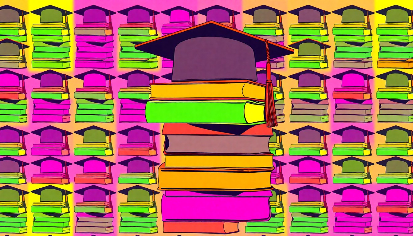 A vibrant, pop art-inspired illustration featuring a repeating grid of academic books and graduation caps in bold, neon colors, conceptually representing the academic and professional connections of the LIGHT institute.