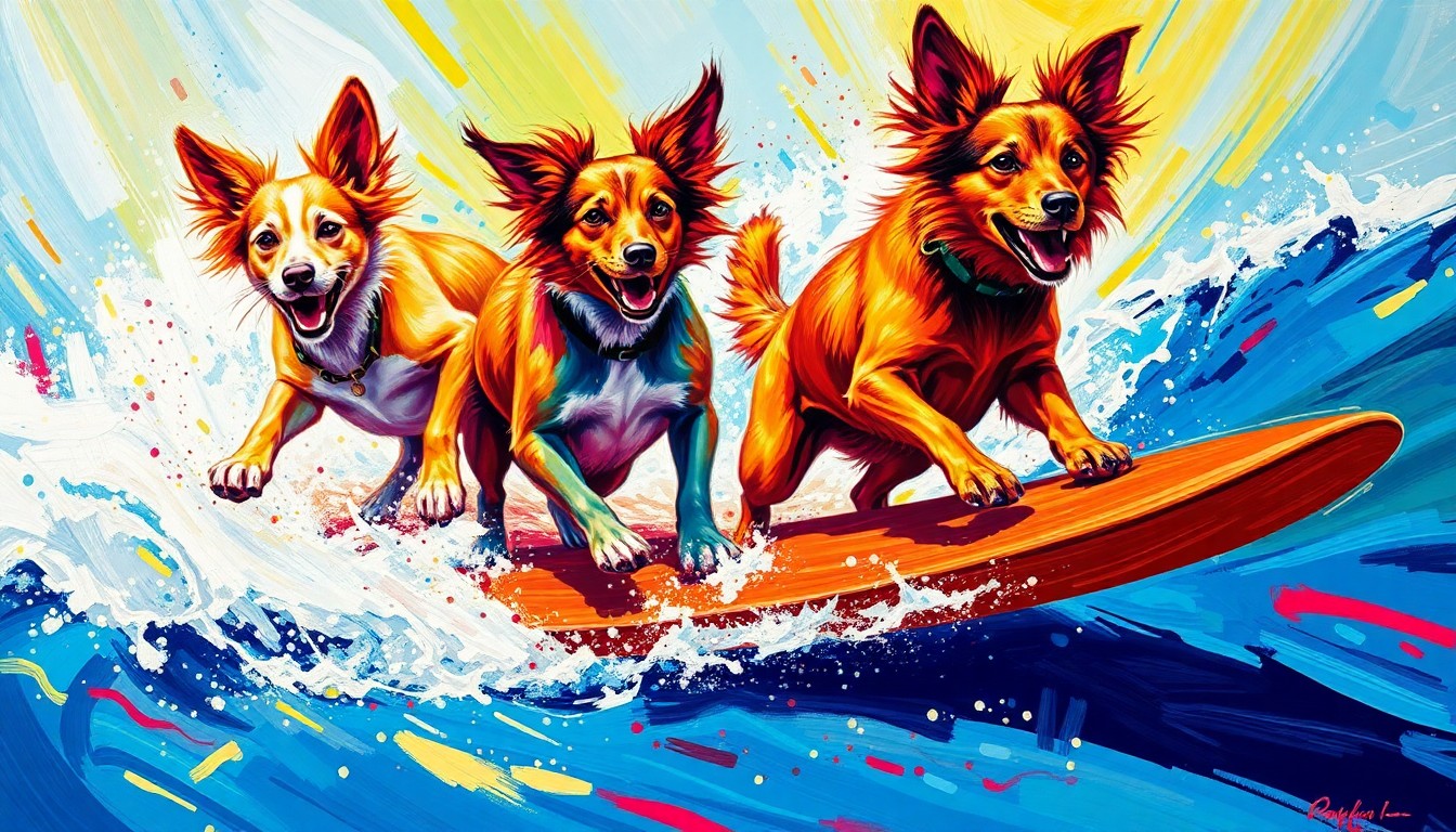 An energetic, abstract painting in neon colors depicting dogs surfing on waves, capturing the dynamic motion and excitement of the dog surfing competition.