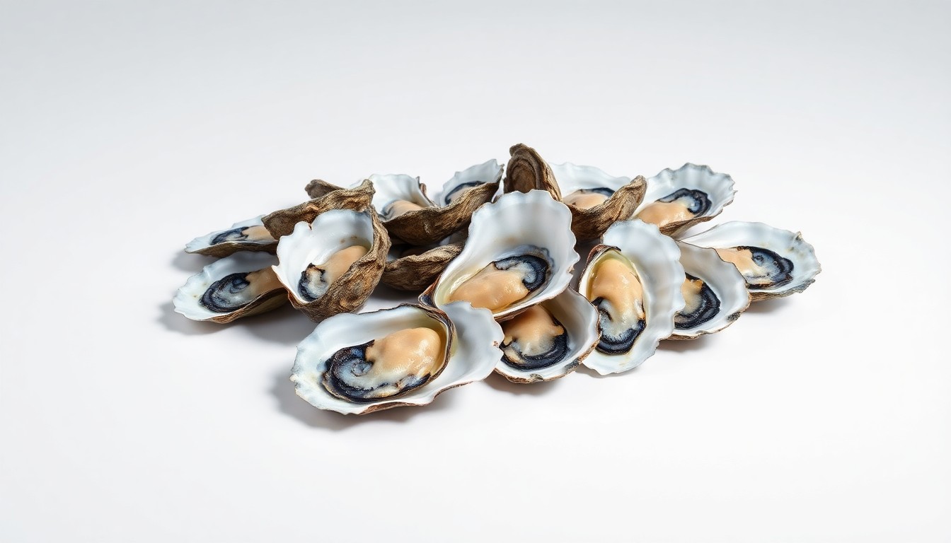 A high-end, photorealistic studio still-life photograph featuring a selection of freshly harvested Georgia oysters arranged elegantly on a clean, monochromatic seamless background, using dramatic lighting and shadows to represent the abstract concepts of coastal industry and economic opportunity.