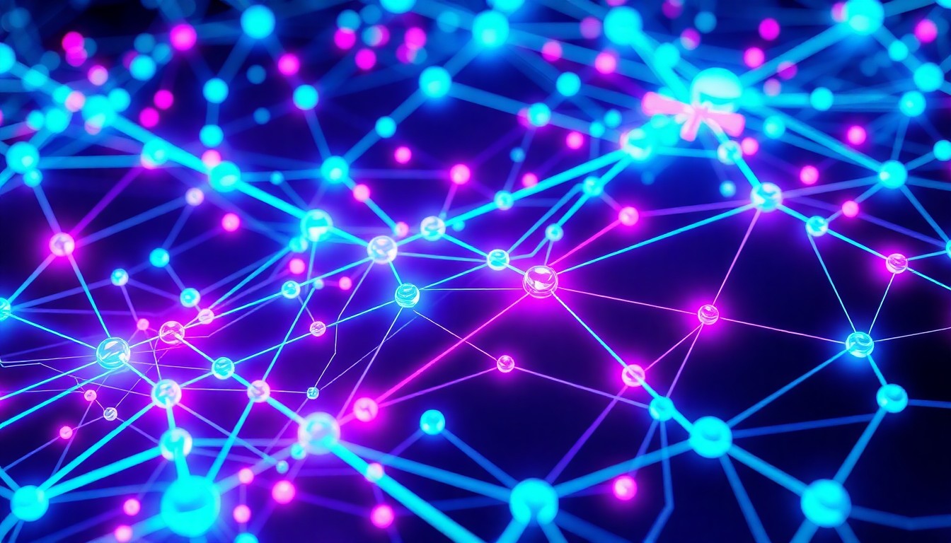 A highly detailed, glowing 3D illustration of an interconnected supply chain network, with nodes and lines illuminated by neon cyan and magenta lights, conceptually representing the advanced digital tools powering modern supply chain management.