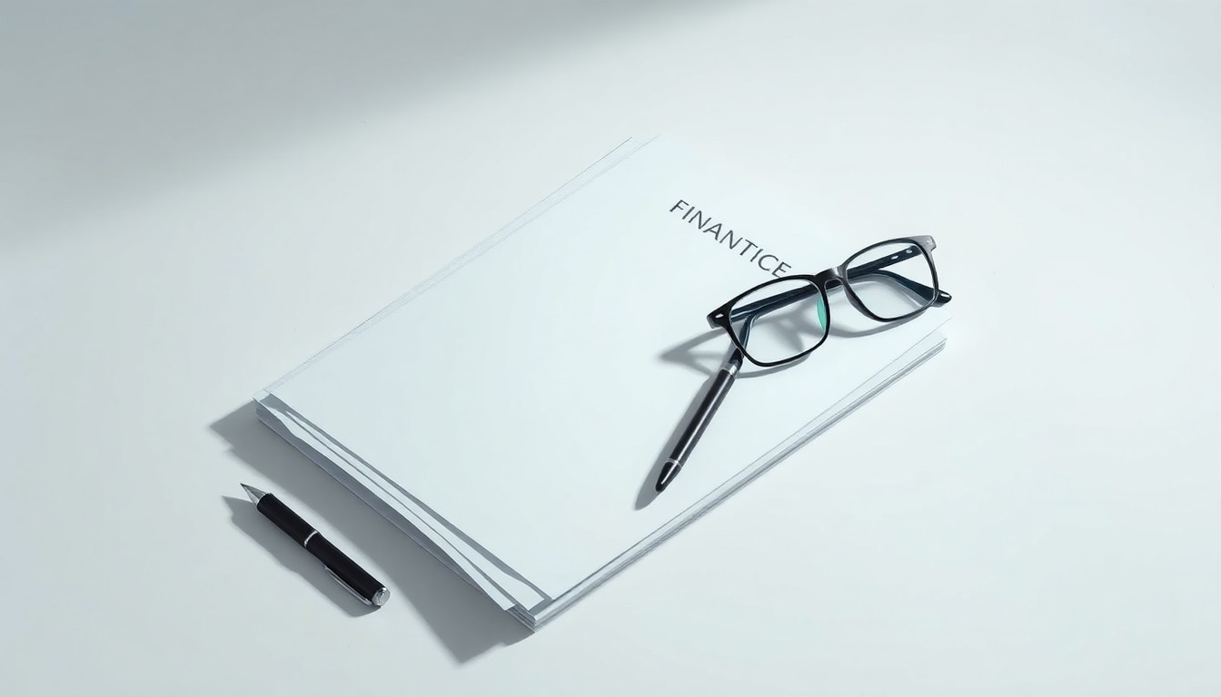 A minimalist, photorealistic studio still life featuring a stack of financial documents, a pen, and a pair of eyeglasses arranged elegantly on a clean, monochromatic background, conceptually representing the abstract corporate strategy and finance behind private equity firm NextGen Growth Partners.