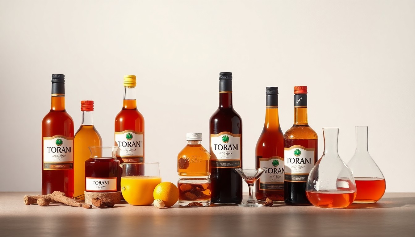 A high-end, photorealistic studio still-life photograph featuring an elegant arrangement of glass bottles, beakers, and other premium beverage ingredients on a clean, monochromatic background, conceptually representing Torani's success in the corporate beverage market.