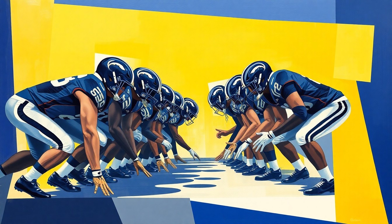 A cubist, geometric painting depicting the fragmented, overlapping forms of a football offensive line, rendered in the official blue and white colors of Penn State University.