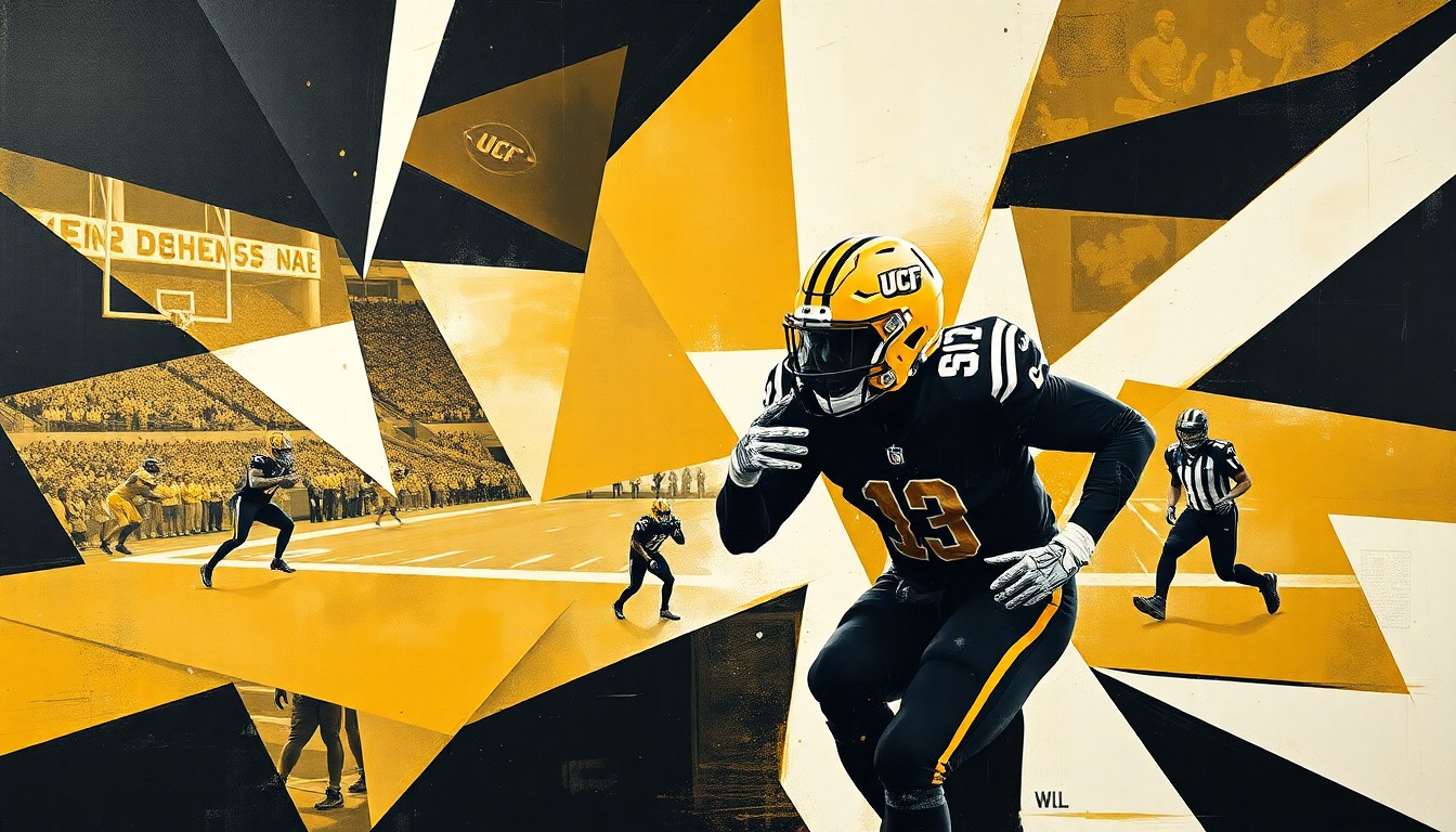 A cubist, geometric painting depicting a UCF Knights football game or practice, with the players and field broken down into overlapping planes of black, gold, and white, creating a dynamic, fragmented visual representation of the team's competitive energy.