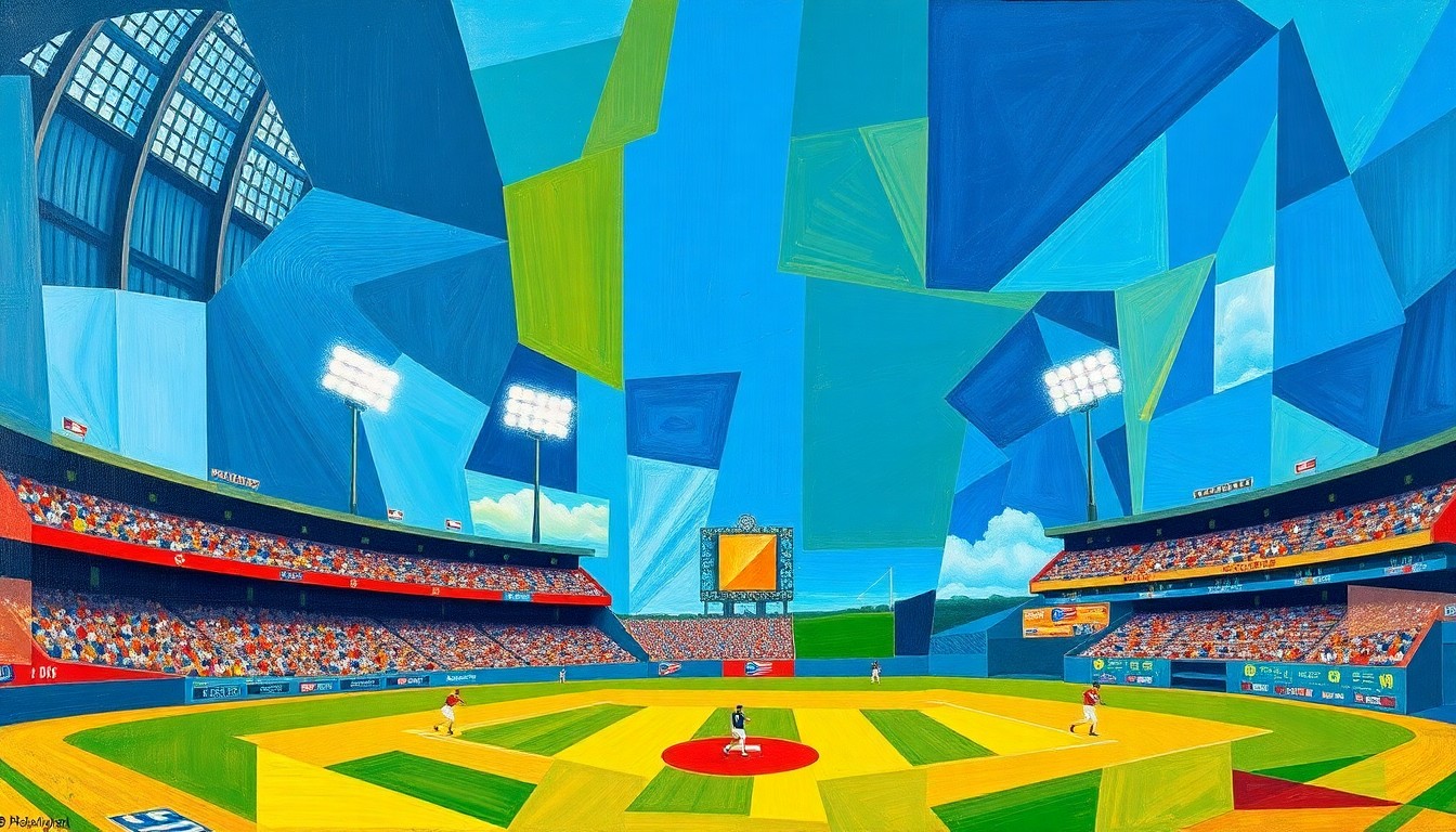 A fragmented, geometric painting in bold colors depicting a baseball game from multiple angles, conveying the excitement and unpredictability of the sport.