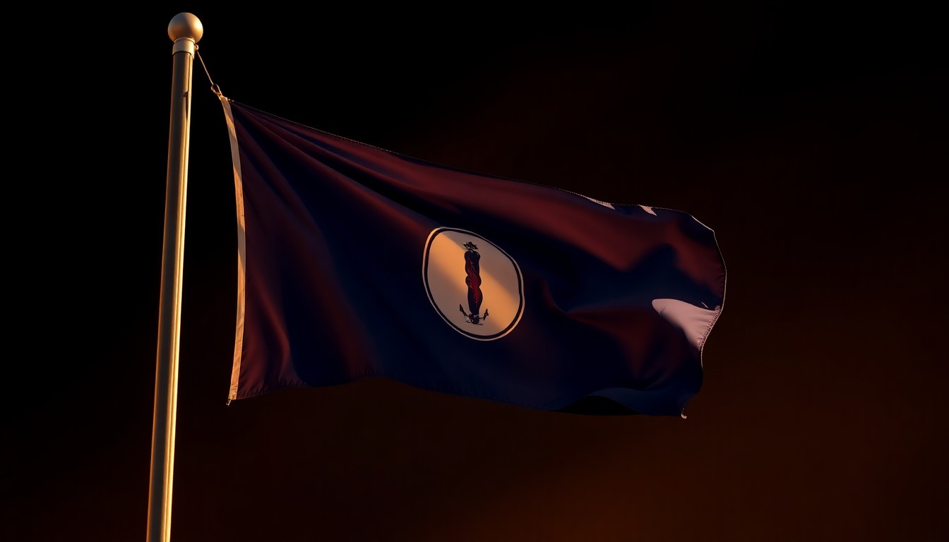 A photorealistic painting of a Kentucky state flag hanging on a flagpole, the fabric illuminated by warm, directional sunlight and cast in deep shadows, conveying a sense of political unease and unresolved legal matters.