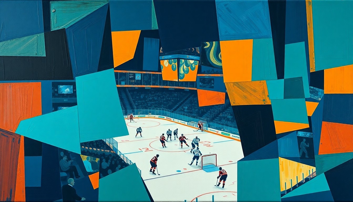A cubist, geometric painting depicting a fragmented hockey arena scene with overlapping planes of teal, orange, and dark blue, conveying the complexity of the Panthers' upcoming business decisions.
