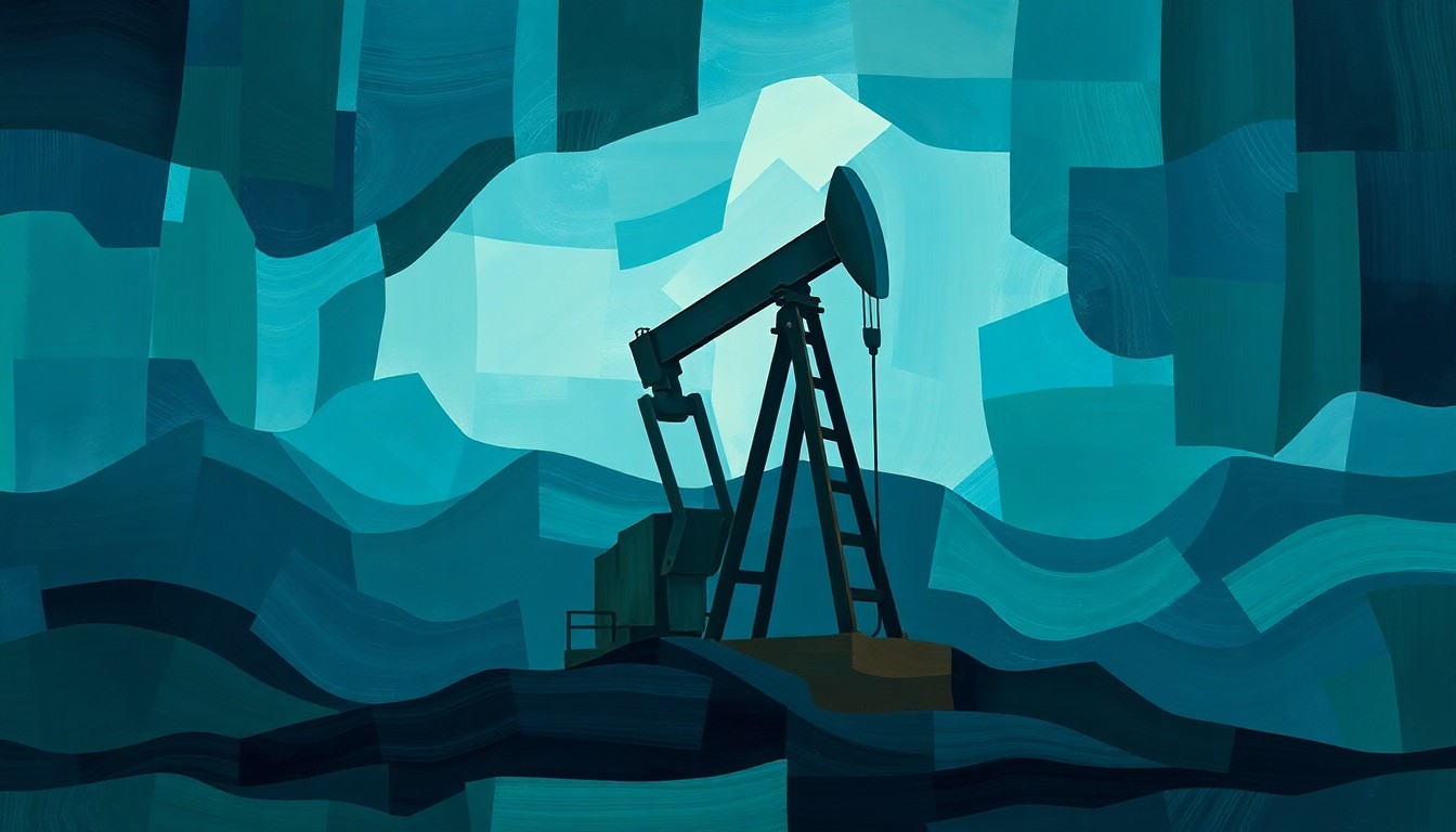 A dynamic, abstract painting of an oil pump jack in motion, with overlapping geometric shapes and waves of dark, muted colors, conveying the turbulence and instability of the global energy market.
