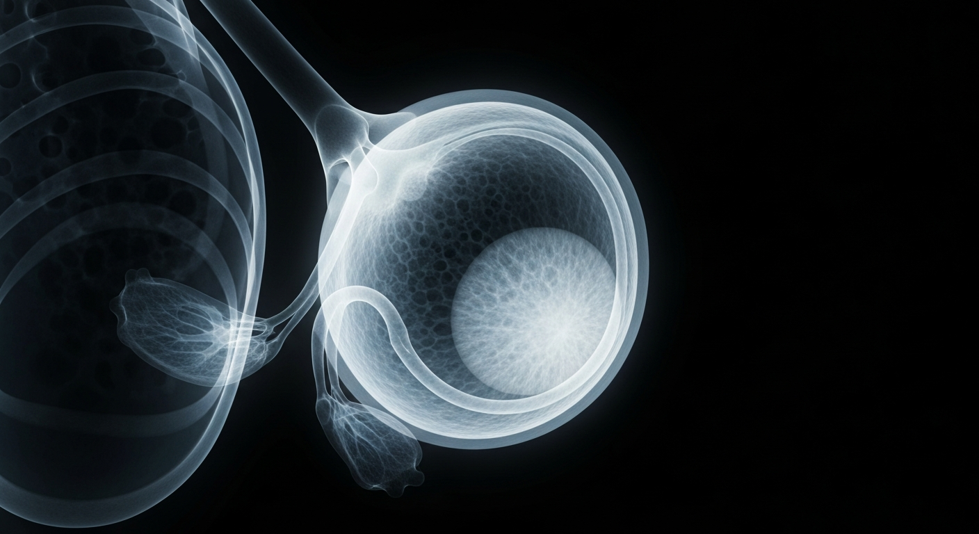 A highly detailed, translucent X-ray photograph of a human ovary and fallopian tube, revealing the intricate internal structures in a ghostly, glowing manner against a dark background, conceptually representing the multifaceted nature of fertility care.