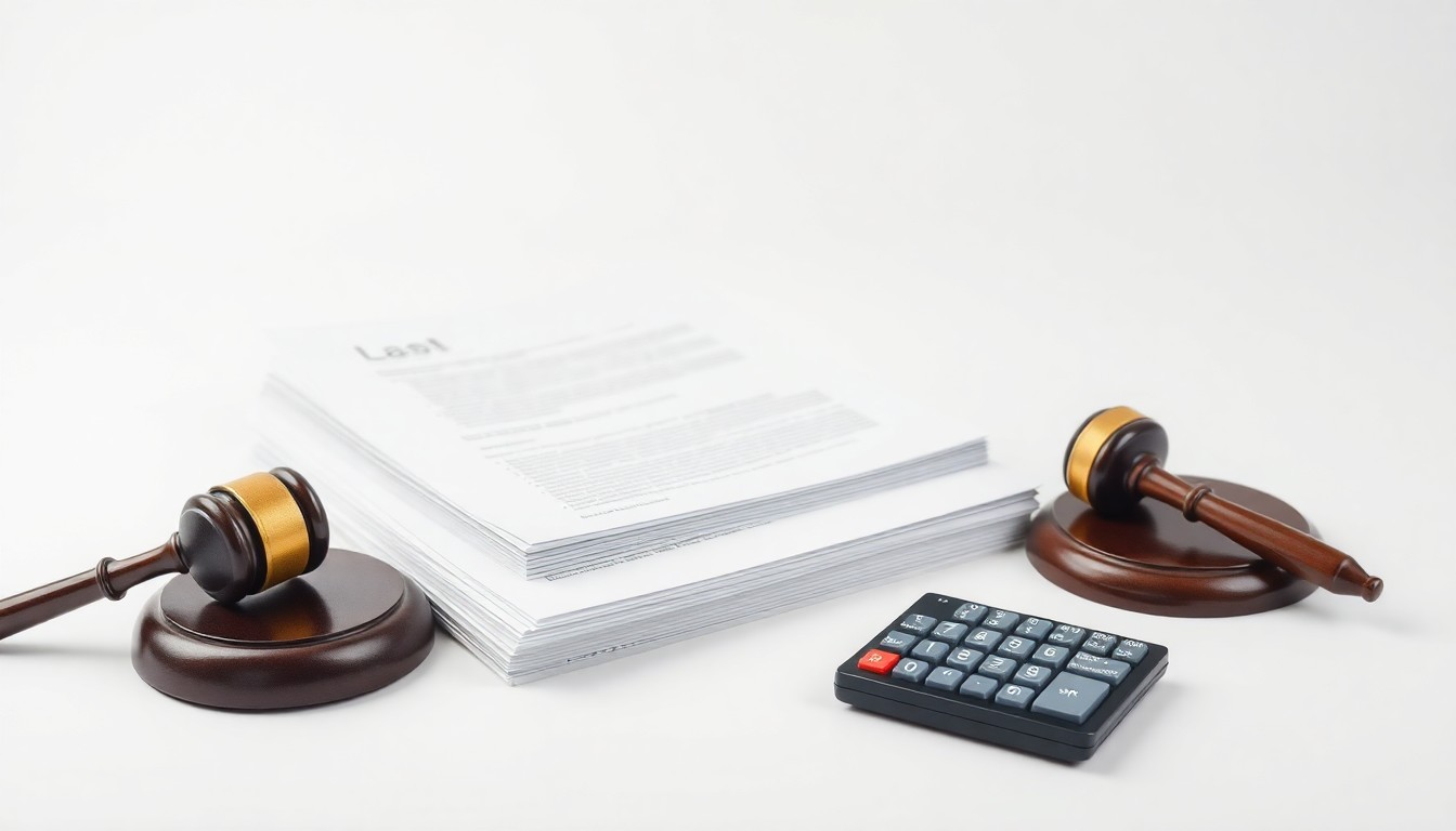 A photorealistic studio still life featuring a stack of legal documents, a gavel, and a calculator on a clean, monochromatic background, symbolizing the abstract concepts of corporate strategy, finance, and legal risk in the pharmaceutical industry.