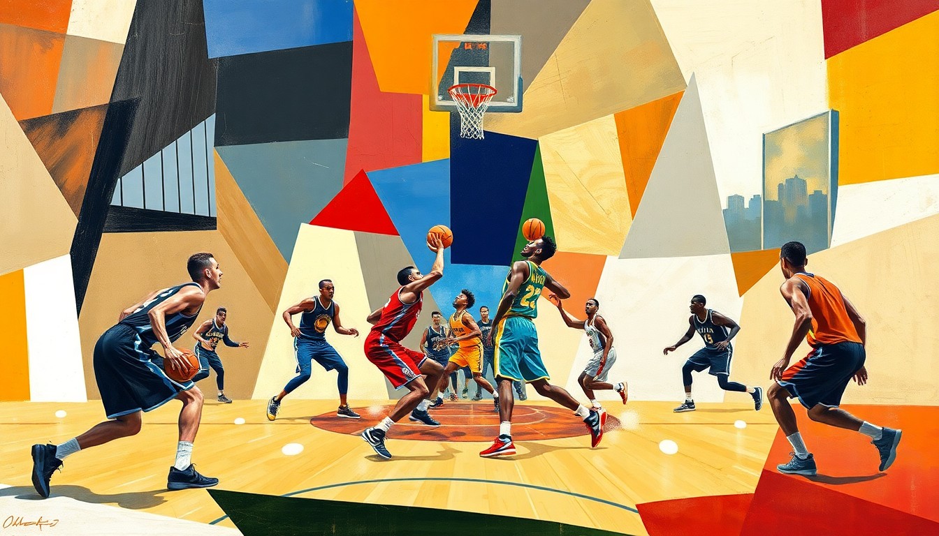 A fractured, multi-perspective painting featuring overlapping geometric shapes and planes of color, conveying the dynamic movement and energy of a basketball game without depicting any recognizable players or court.