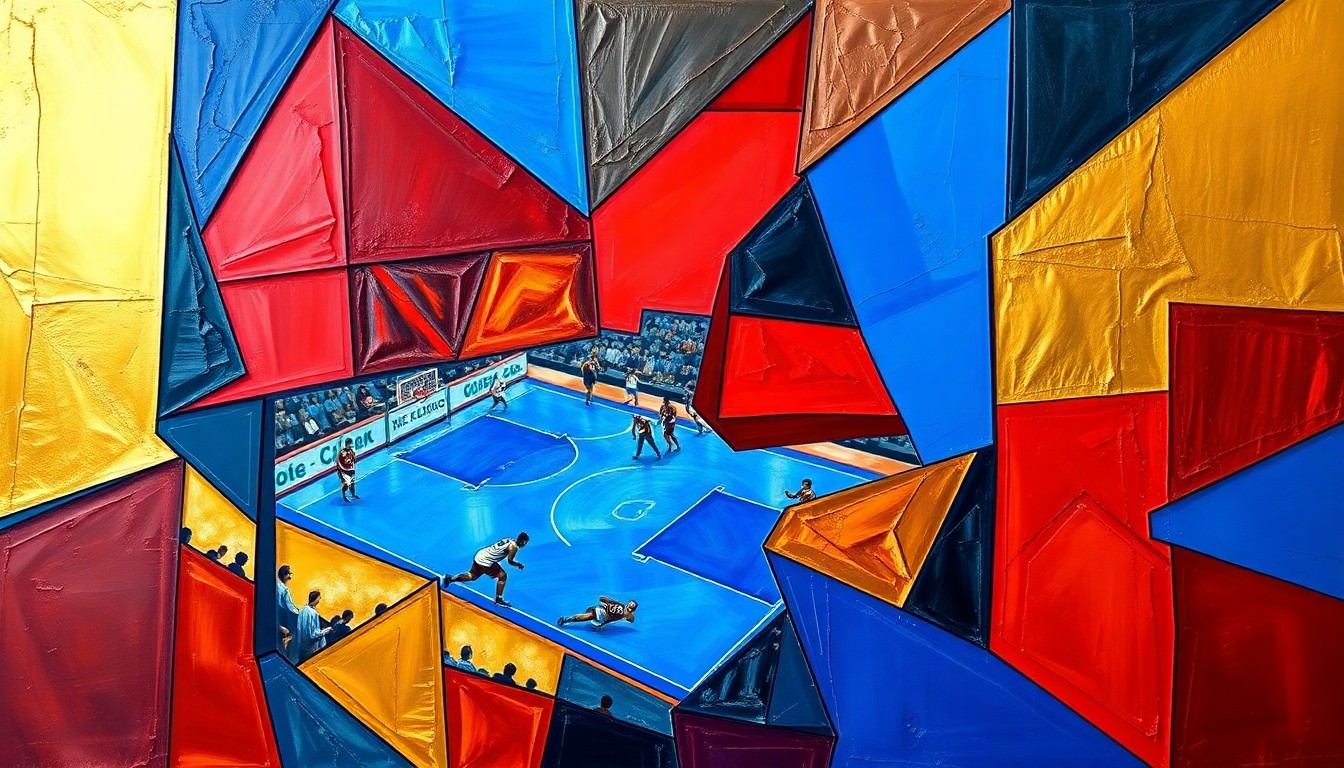 A fractured, geometric painting in bold colors depicting the abstract shapes and angles of a sports competition, capturing the raw energy and motion of the game.