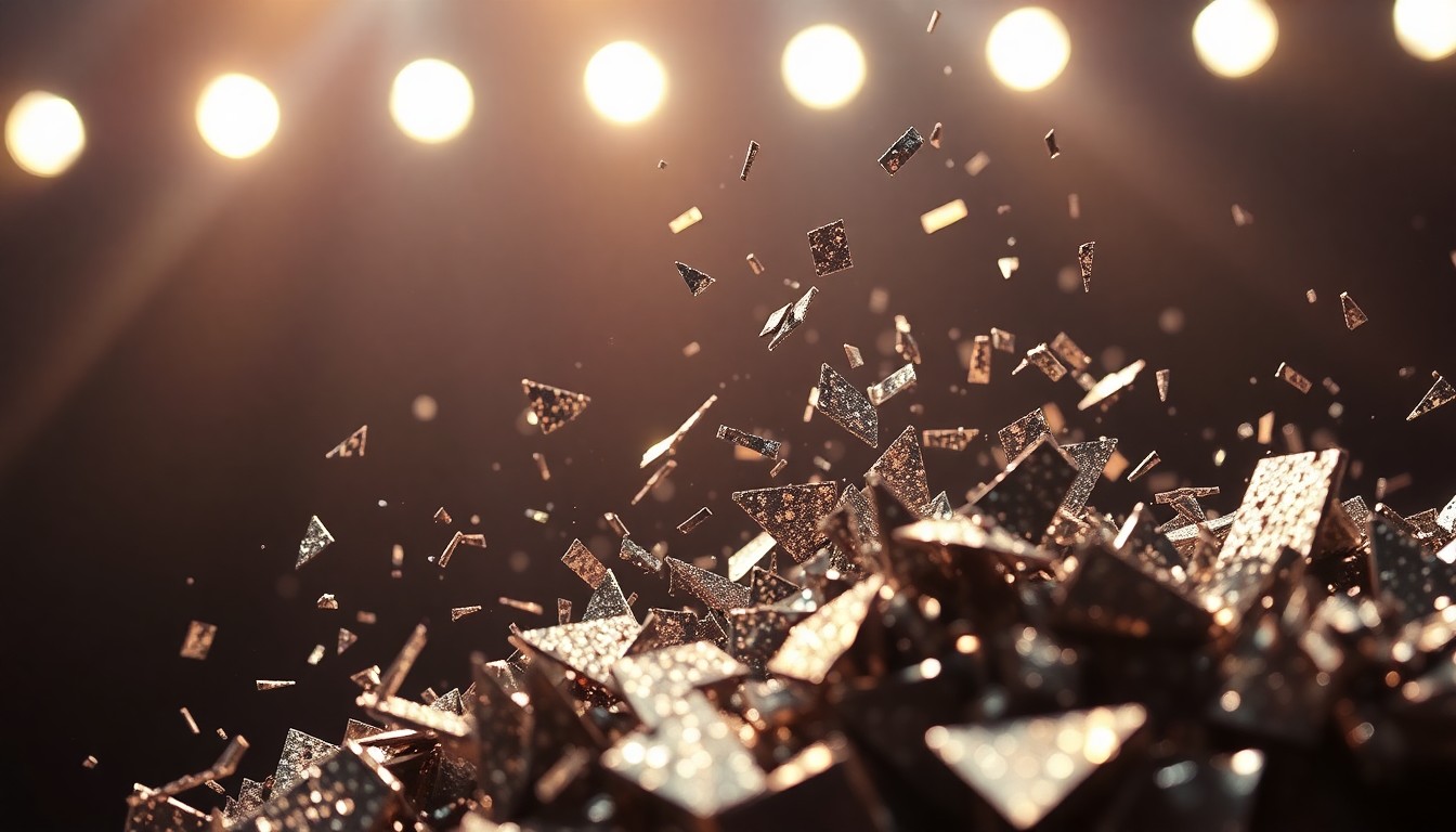 An abstract close-up image of shattered, reflective metal fragments in high-contrast studio lighting, conveying the intense energy and visual flair of a Babymetal concert.