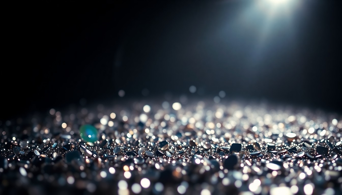 An extreme close-up of shimmering sequins and glittering disco glass, captured in dramatic, high-contrast studio lighting to create a conceptual representation of the glamour and energy surrounding Céline Dion's return to the stage.
