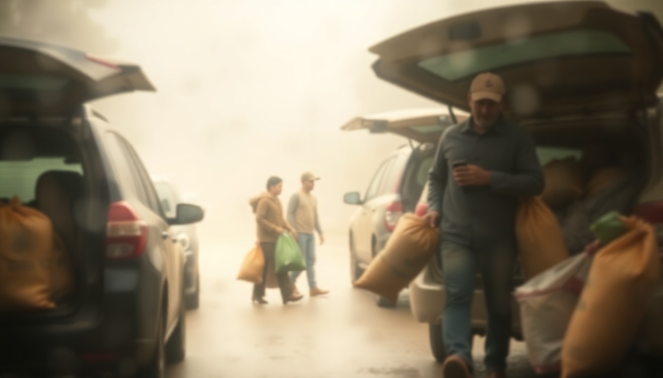 An impressionistic, out-of-focus photograph showing the blurred silhouettes of people handling compost bags against a backdrop of soft, hazy light and muted green tones, conveying the atmosphere of a community-driven sustainability initiative.
