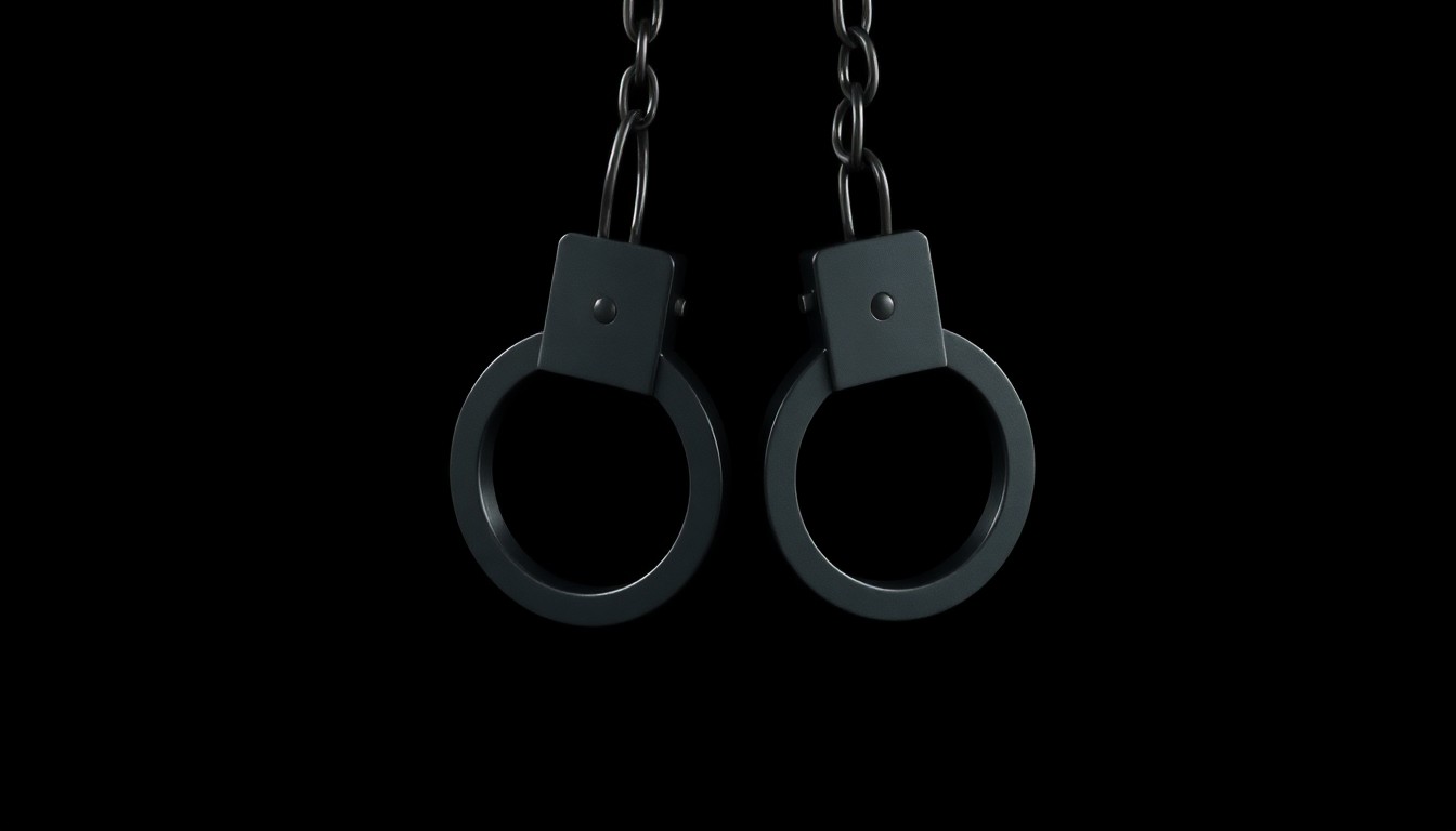 An extreme close-up of a pair of metal handcuffs against a dark background, conceptually representing the arrest of a public official on charges of domestic violence and harm to children.