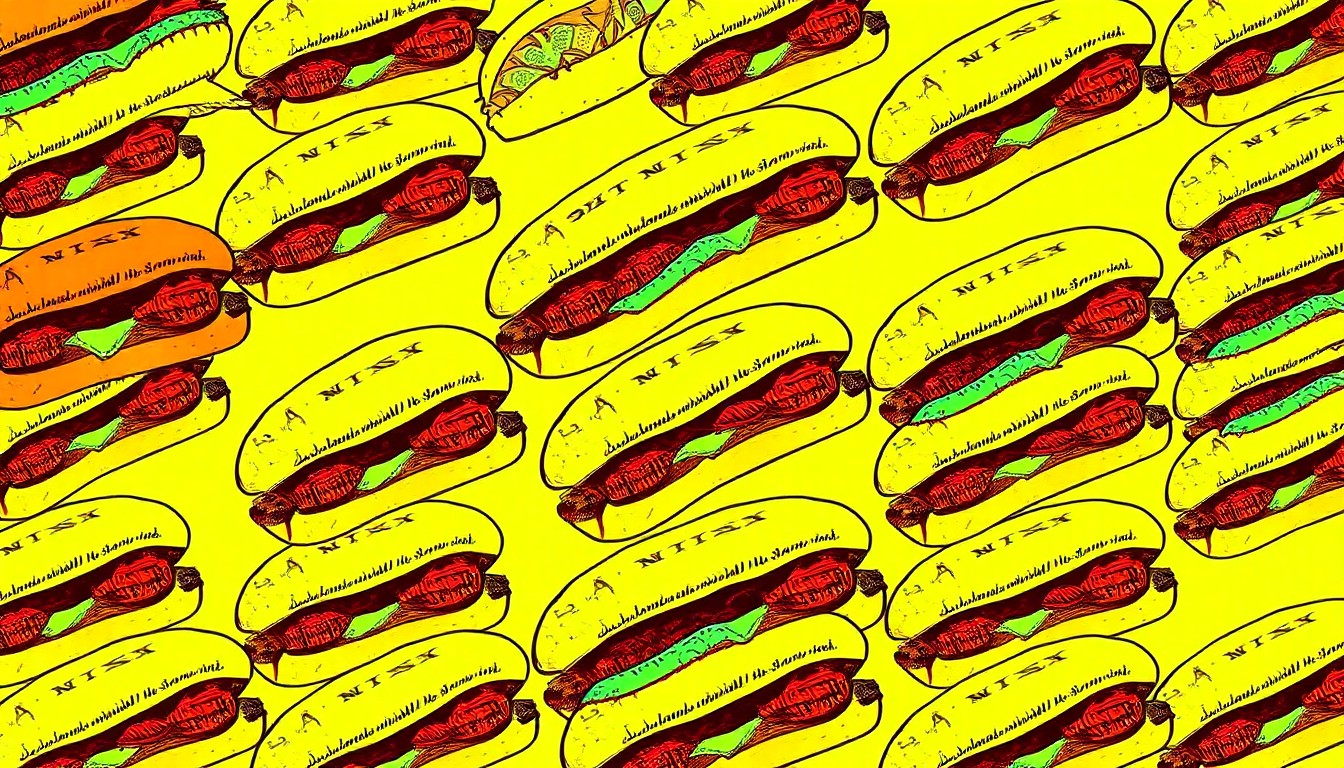 A highly stylized, pop art-inspired illustration featuring a repeating grid pattern of a single, iconic hot sandwich item rendered in vibrant, neon-like colors with heavy black outlines, conceptually representing the variety of warm, toasted handheld treats available at Palm Beach eateries.