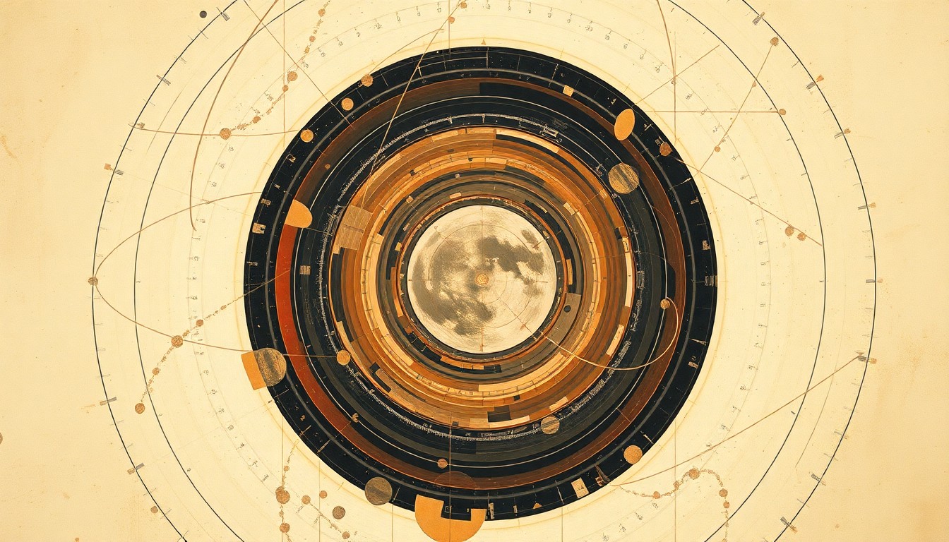 A bold, geometric abstract painting in muted earth tones, depicting sweeping arcs, concentric circles, and precise spirals that evoke the complex technology and natural forces involved in a lunar orbit mission, without any text or identifiable elements.