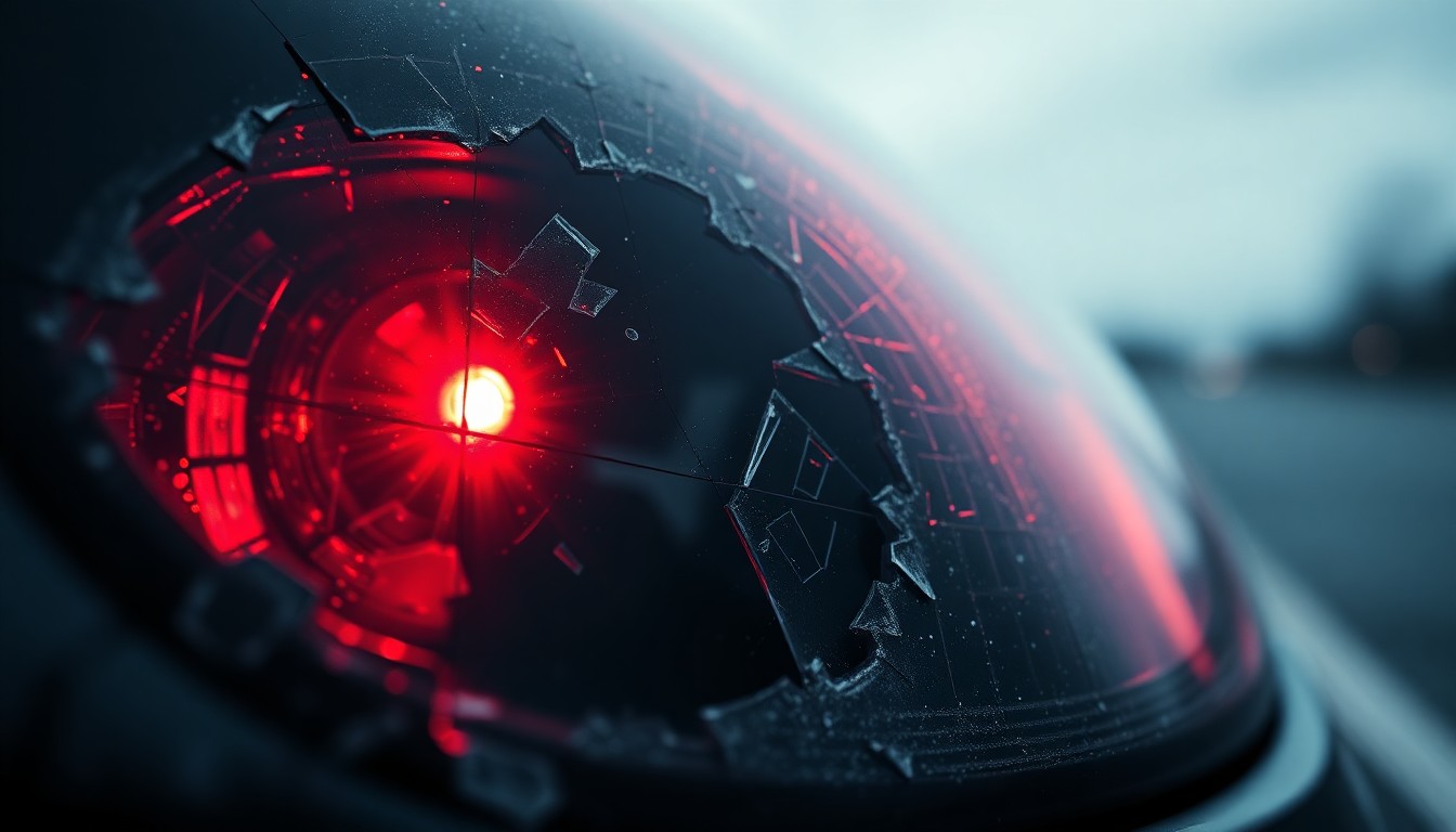 An extreme close-up photograph of a shattered car sensor lens reflecting a faint red light, conceptually representing the aftermath of a hit-and-run incident that left a young child paralyzed.