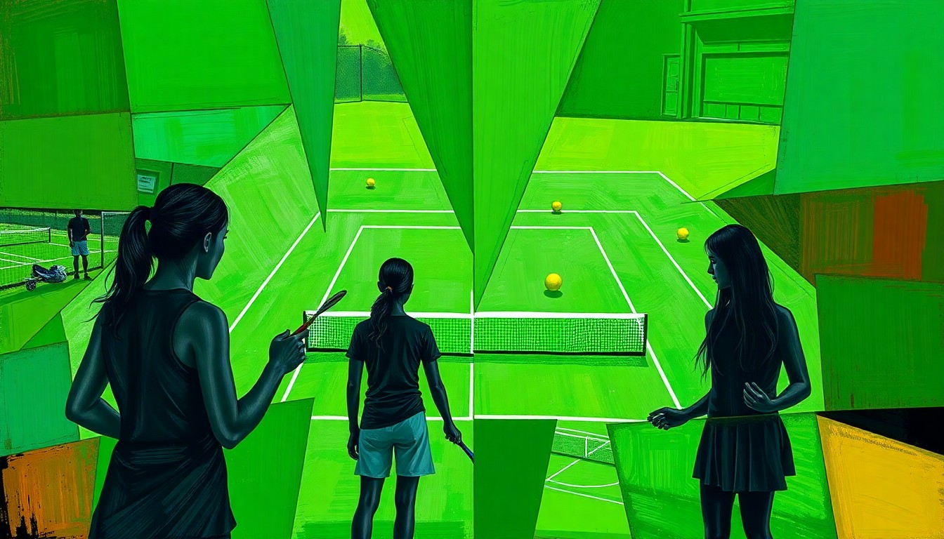 A fragmented, geometric painting depicting the dynamic movements and competitive energy of a girls' tennis match, with blurred player forms and vibrant splashes of green and yellow.