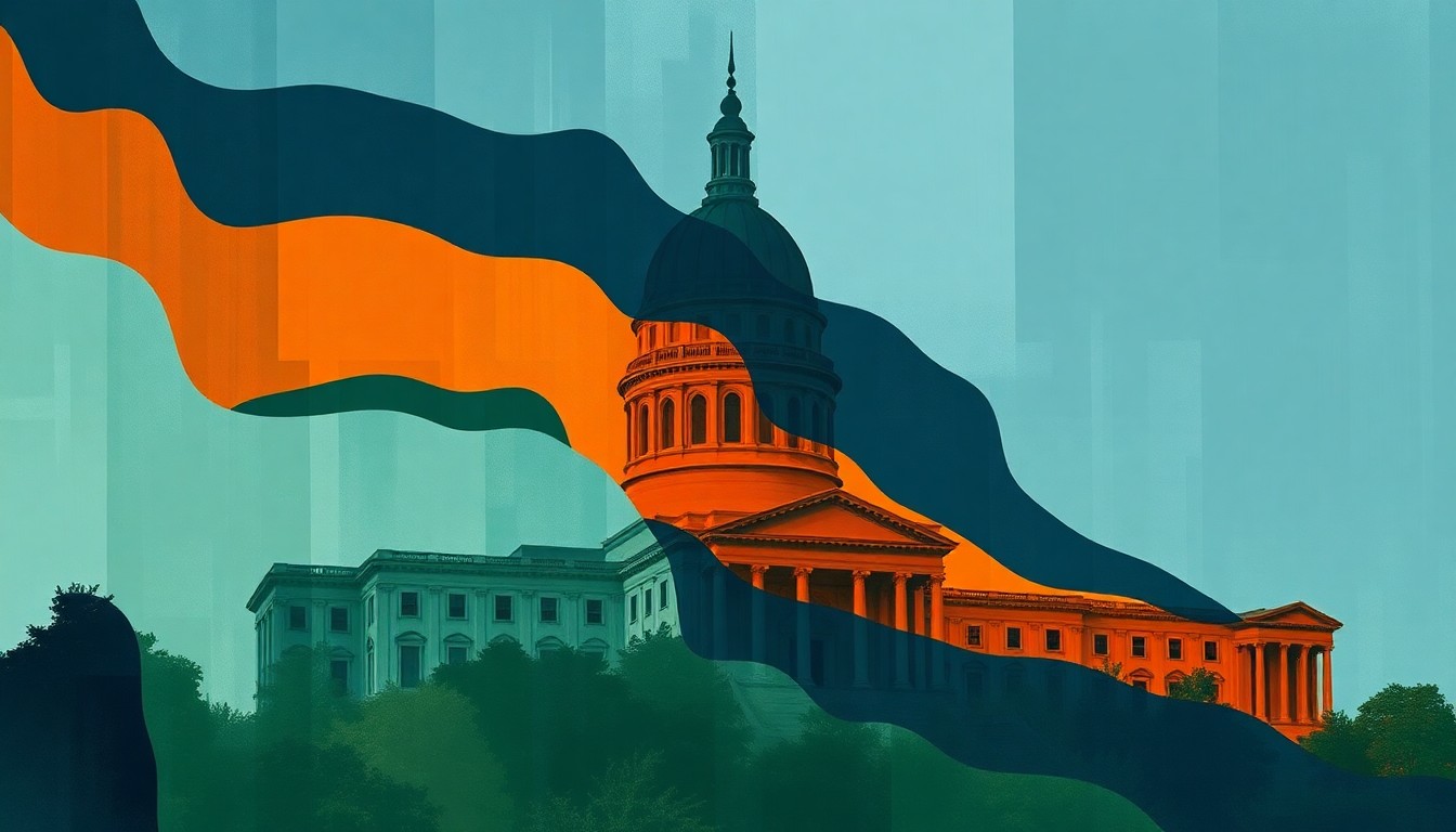 A dynamic, fragmented painting depicting a New York state government building in shades of blue, green, and orange, conveying the competitive and fast-paced nature of the gubernatorial race.