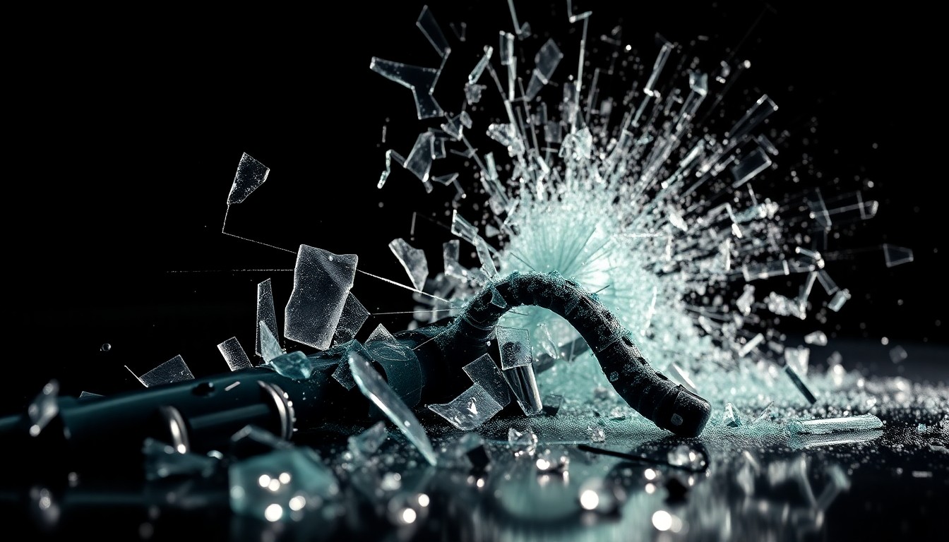 An abstract, close-up image of shattered glass and twisted metal, conveying the emotional and physical aftermath of Tiger Woods' recent car accident.