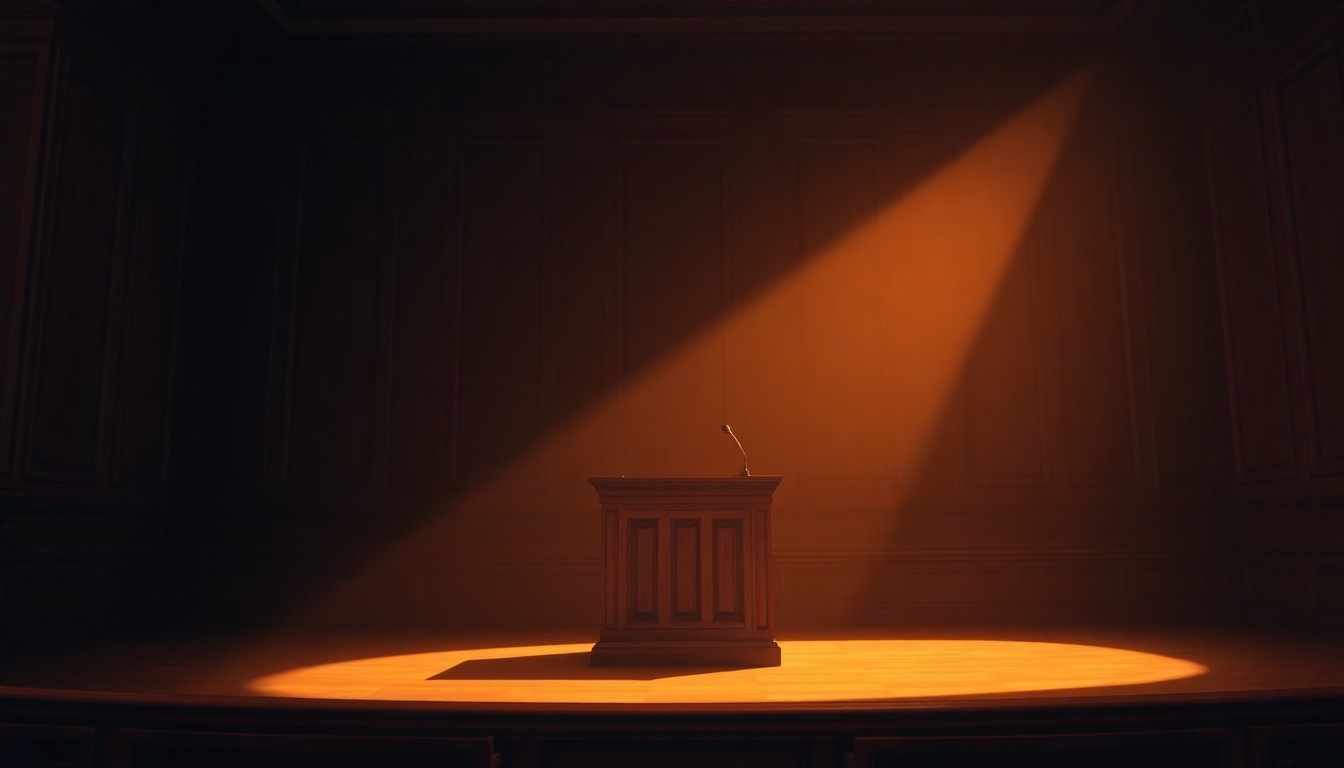 A solitary, dimly lit podium in a government chamber, with warm light streaming in from a window, creating deep shadows and a contemplative mood.