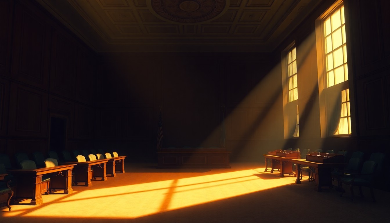 A dimly lit, cinematic painting of an empty government office or legislative chamber, with warm sunlight streaming through the windows and creating deep shadows across the room, conceptually representing the political weight and historical significance of the upcoming state visit.