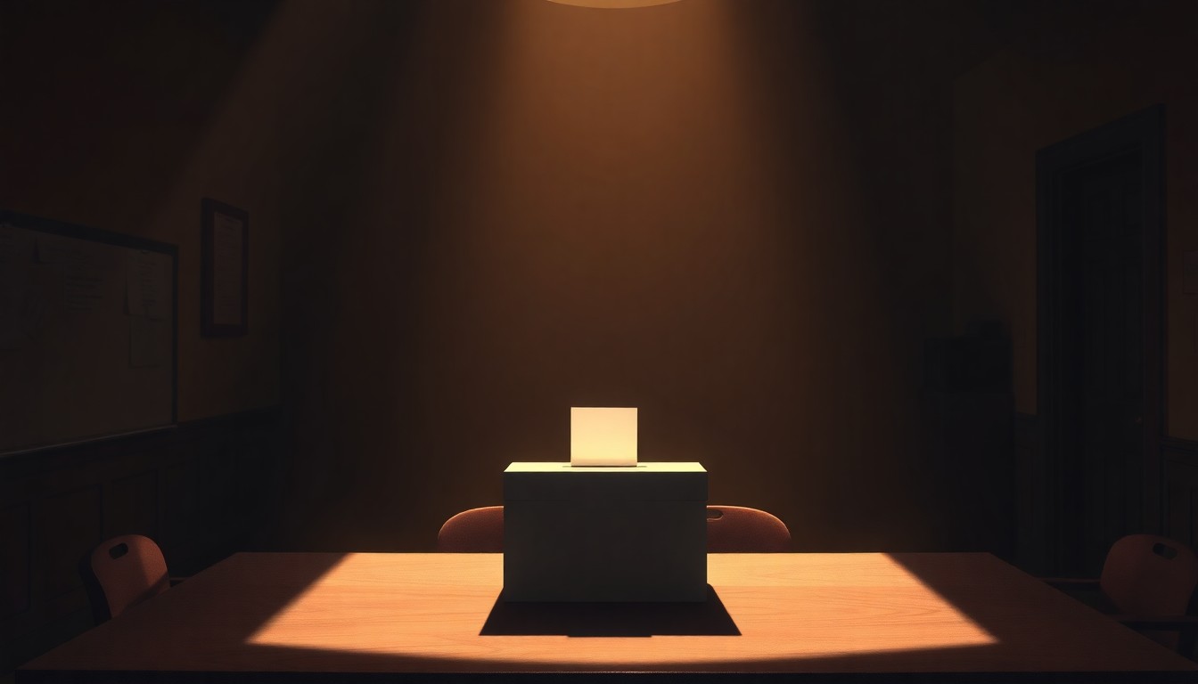 A solitary ballot box sits on a table in a dimly lit government office, the warm light casting deep shadows and creating a sense of quiet contemplation around the object.