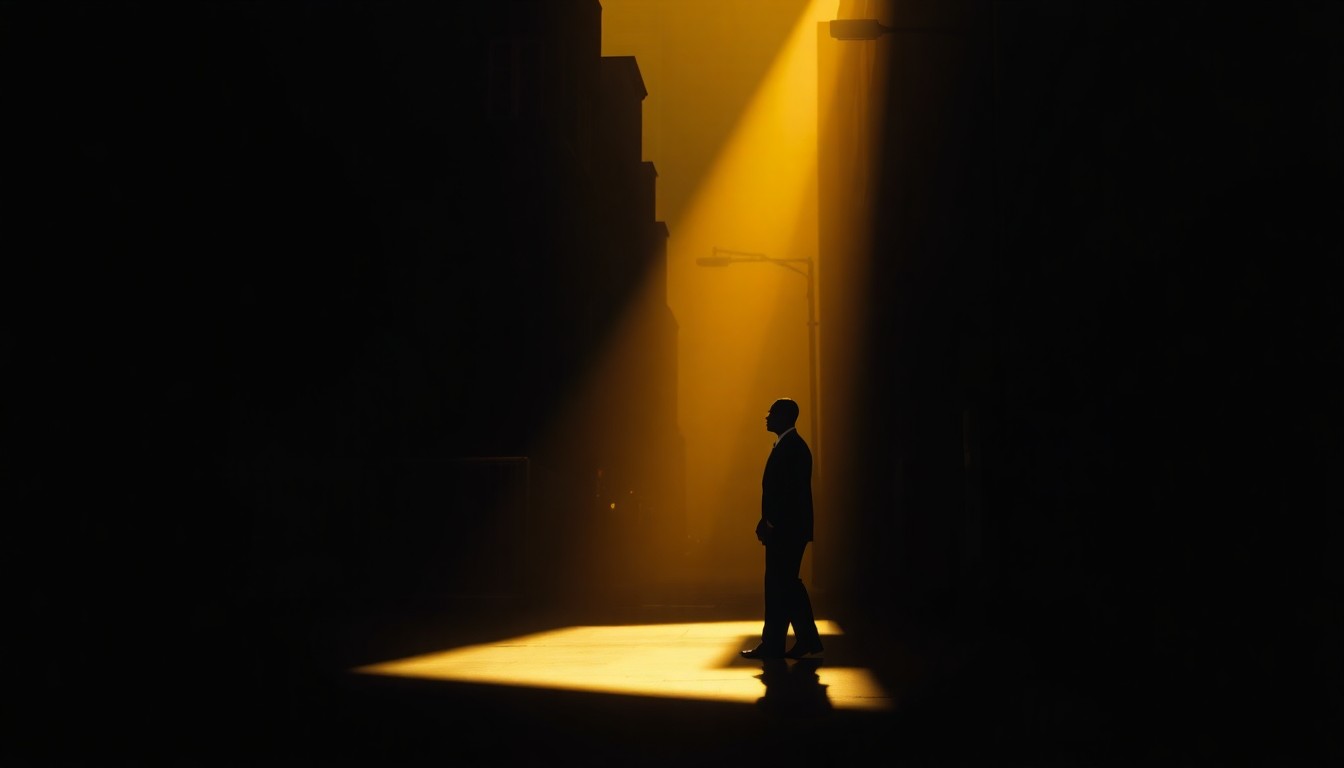 A cinematic painting of a solitary political figure standing alone in a dimly lit urban setting, with warm diagonal sunlight and deep shadows, conveying a sense of contemplation and uncertainty about the future.