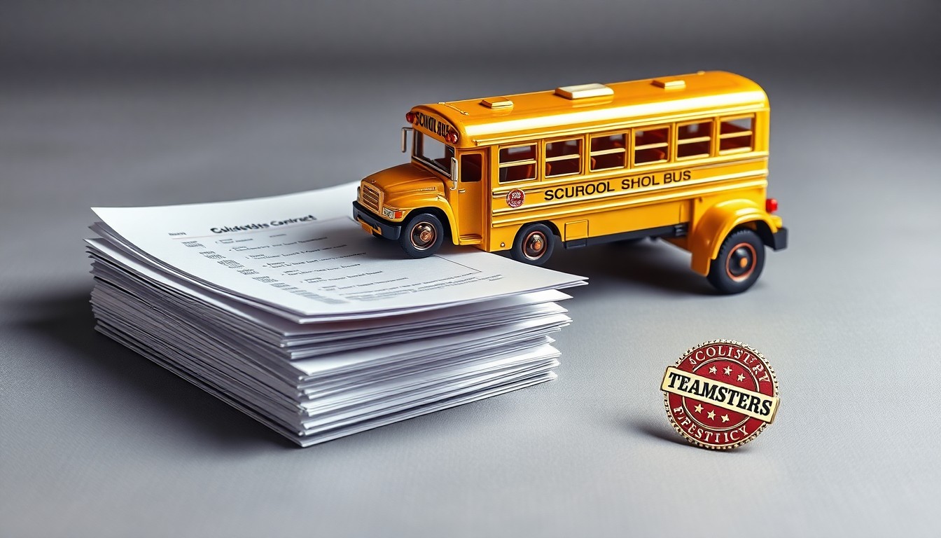 A high-end, photorealistic studio still-life photograph featuring a polished metal school bus model, a stack of papers representing the contract, and a Teamsters union pin, all arranged elegantly on a clean, monochromatic background with dramatic lighting and shadows, conceptually representing the labor negotiations that led to this breakthrough agreement.
