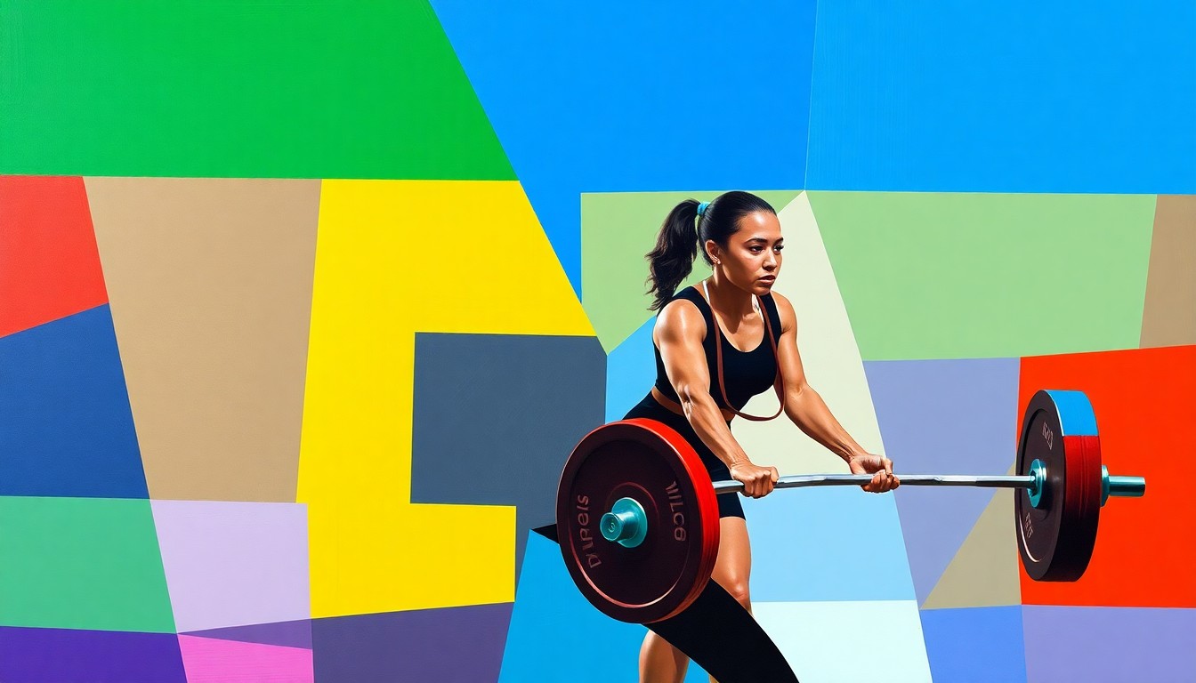 A cubist-style painting featuring overlapping geometric shapes and planes in the official colors of Flagler Palm Coast High School, conceptually representing the explosive movements and competitive energy of the school's state champion weightlifters.