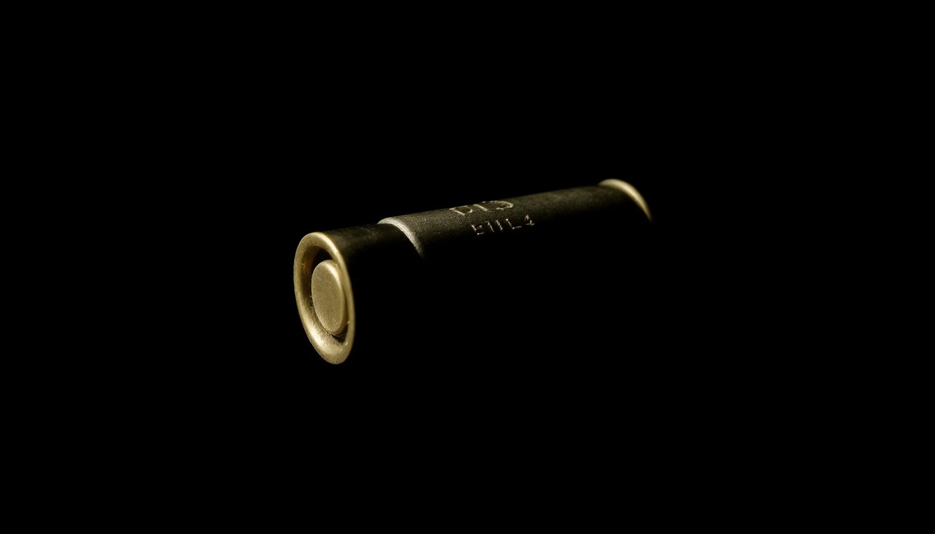 An extreme close-up photograph of a spent bullet casing, the metallic surface reflecting the harsh, direct lighting against a pitch-black background, creating a stark, gritty, investigative aesthetic.