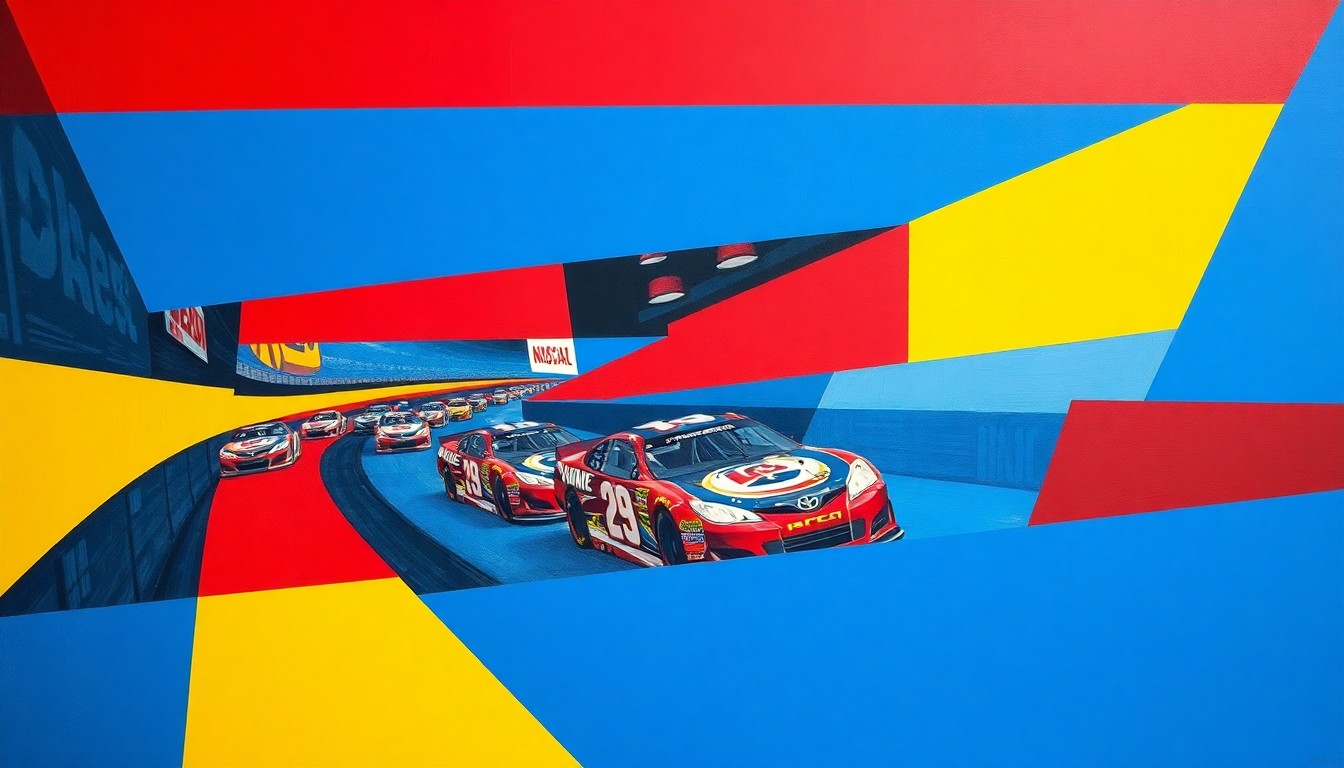 A fragmented, geometric painting in bold primary colors representing the chaotic energy and competing perspectives of a NASCAR race.