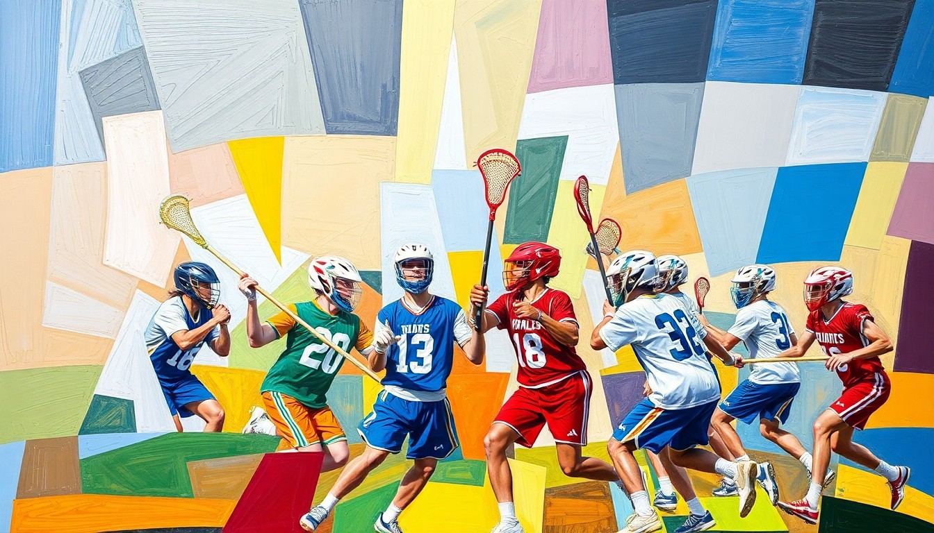 A cubist, geometric painting depicting a high school lacrosse game, with the players and field broken down into sharp, overlapping planes of color representing the official team uniforms.