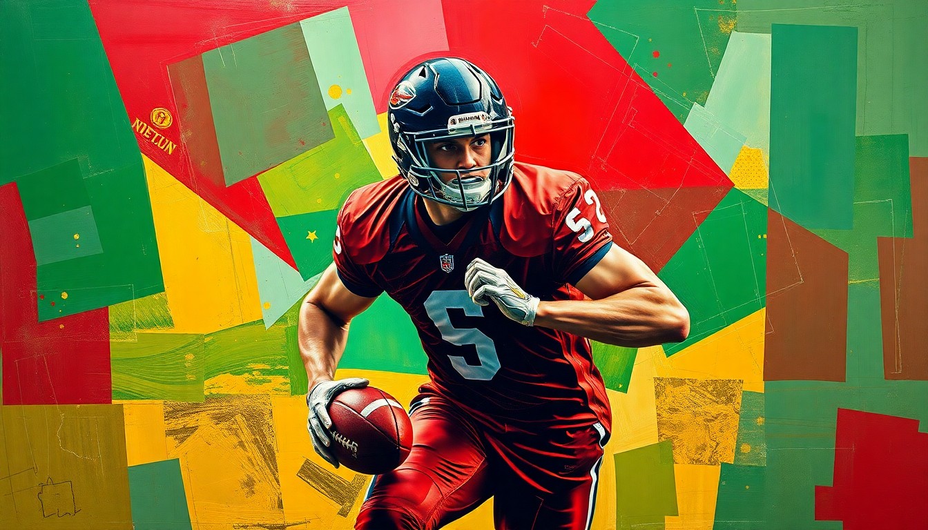 A fragmented, geometric painting depicting a football player's training routine broken down into sharp, overlapping planes of red, green, and gold, conveying the discipline and consistency behind elite performance.