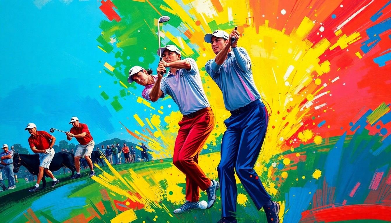 An abstract, expressionist painting featuring bold, neon-colored brushstrokes that capture the dynamic motion and energy of professional golfers competing on a golf course.