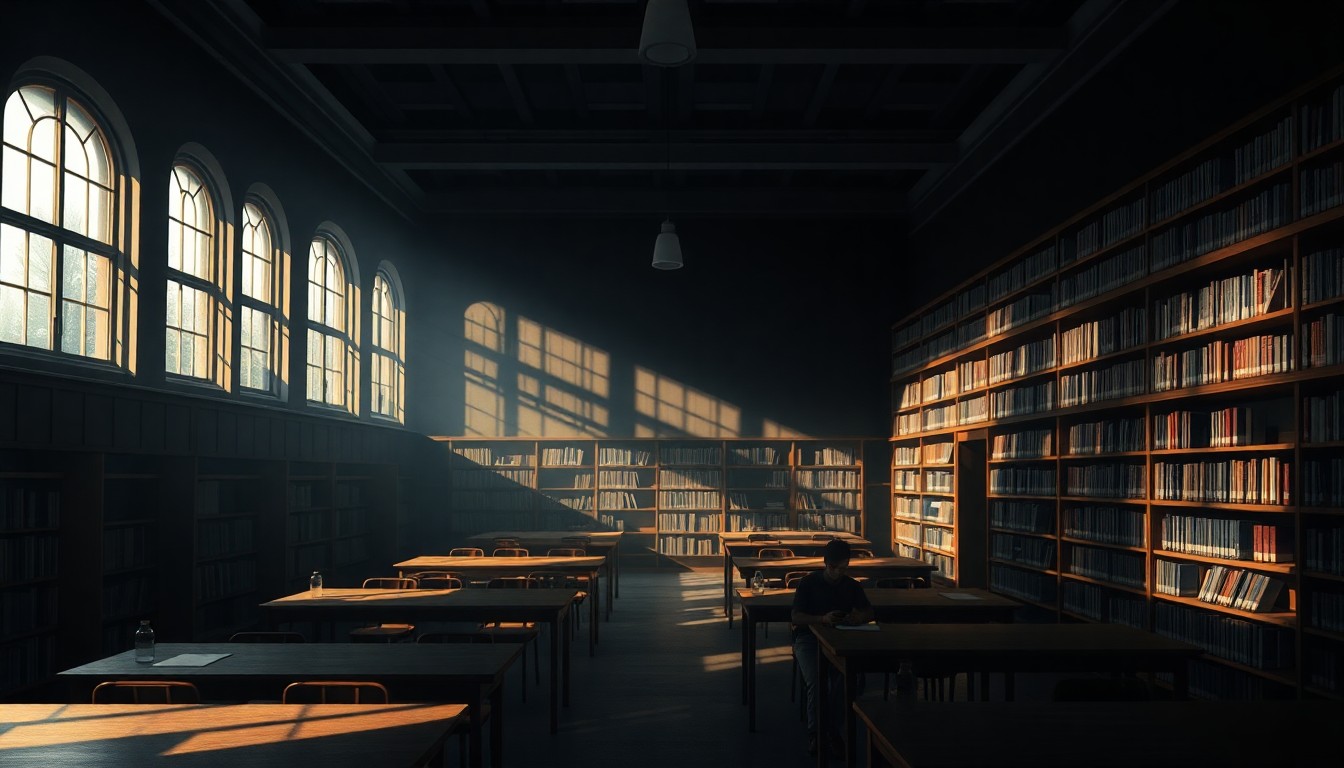 A dimly lit, cinematic painting of an empty public library reading room, with soft diagonal sunlight streaming through the windows and deep shadows cast across the desks and bookshelves, evoking the importance of intellectual freedom and access to information.