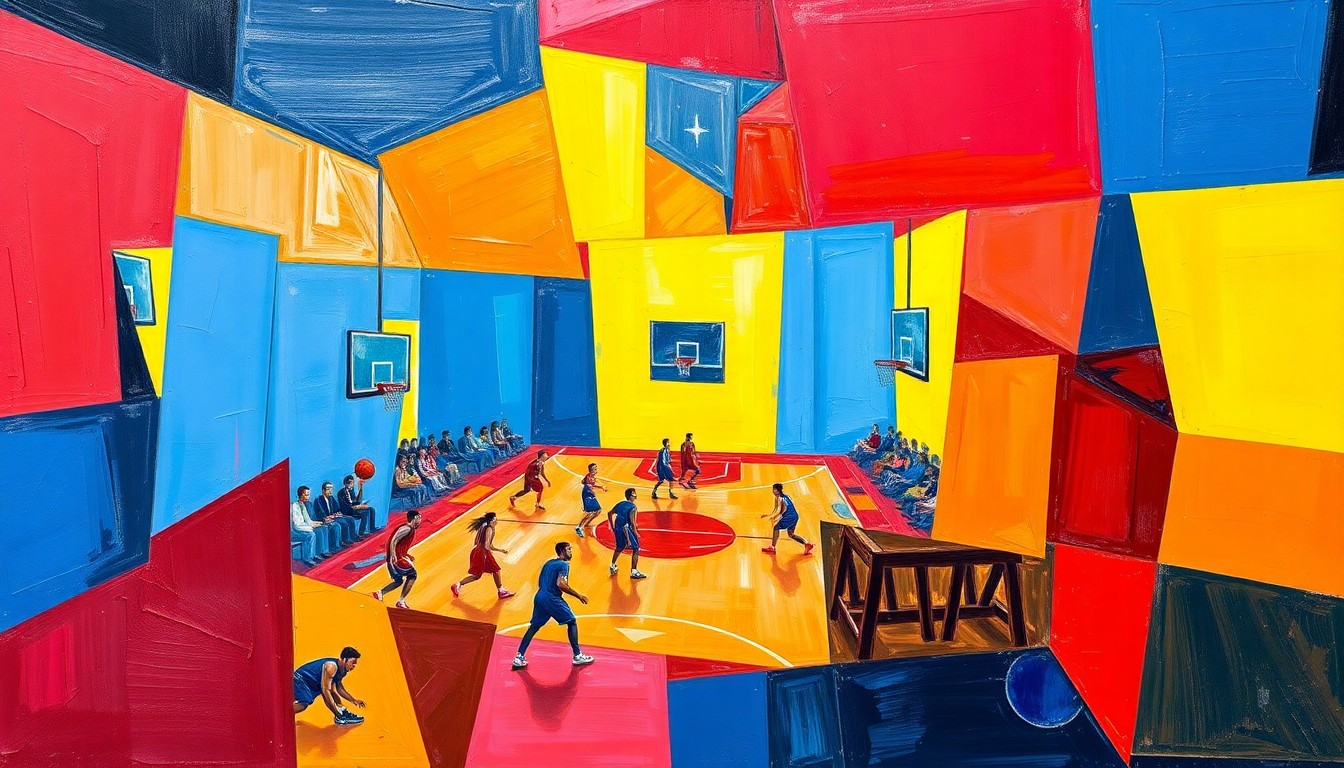 A cubist, geometric painting depicting the fragmented action of a high school basketball game, with sharp planes of color and overlapping perspectives conveying the dynamic nature of the sport.