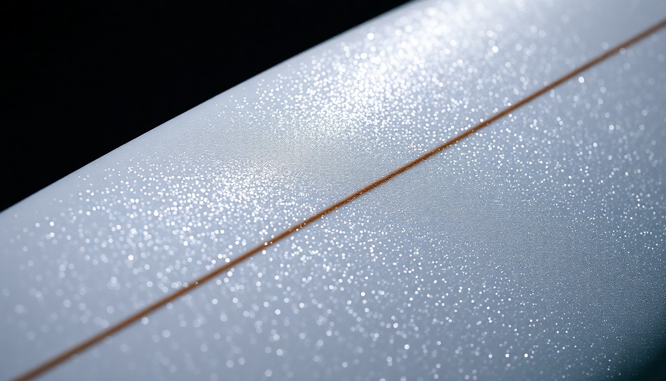 An extreme close-up of a shimmering, glittering surfboard texture in high-contrast studio lighting, conceptually representing the glamour and legacy of the viral surfing dog Sugar.