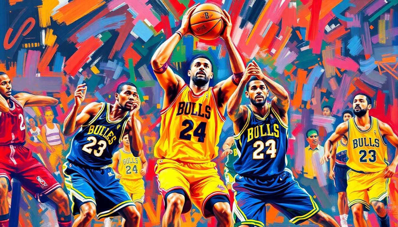 An abstract, expressionist painting in vibrant neon colors depicting the dynamic movement and raw athleticism of an NBA basketball game, with players' forms dissolving into gestural, energetic brushstrokes.