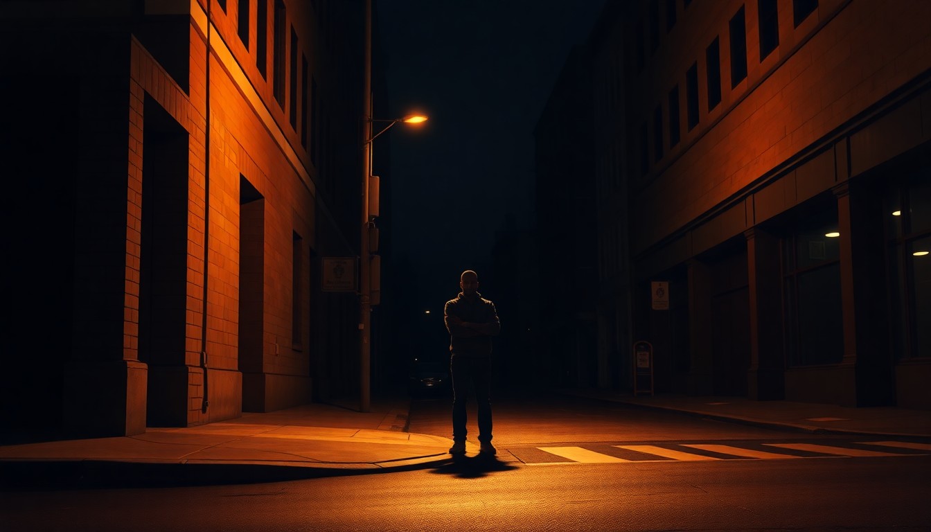 A cinematic painting of a solitary Black person standing on a dimly lit urban street corner, the scene bathed in warm, diagonal sunlight and deep shadows, conveying a sense of isolation and disillusionment.
